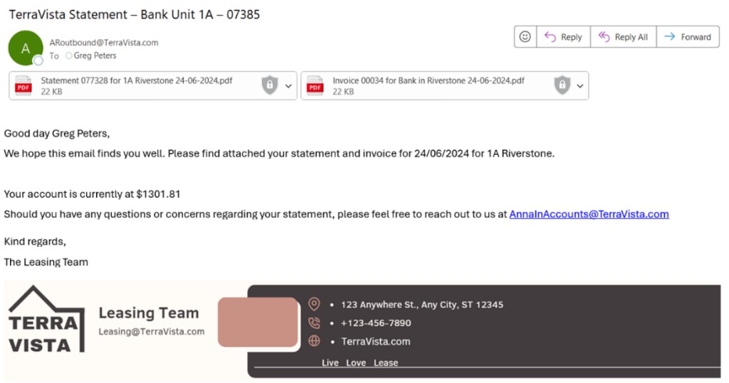 Branded TerraVista statement email with dynamic subject, descriptive file names, secured PDFs and company branding, powered by eConnect