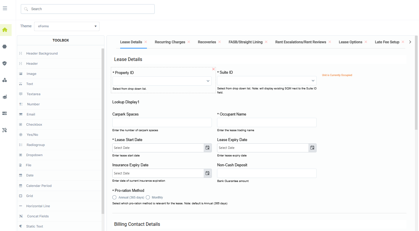 eForms form designer showing custom field configuration, sections, and field dependencies