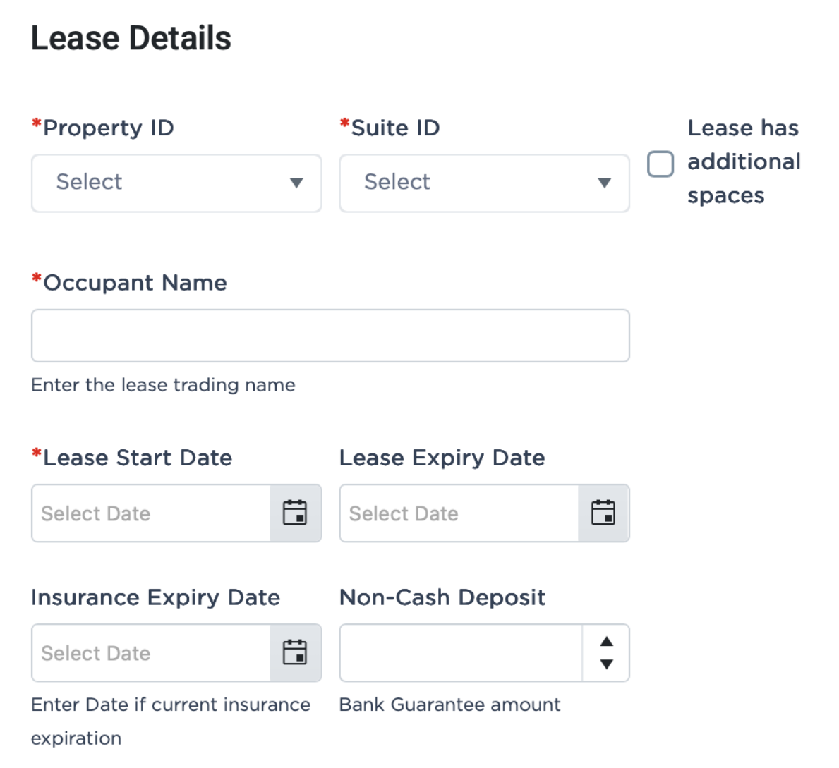 eForms new lease creation form with structured fields for property details, occupant info, and lease dates