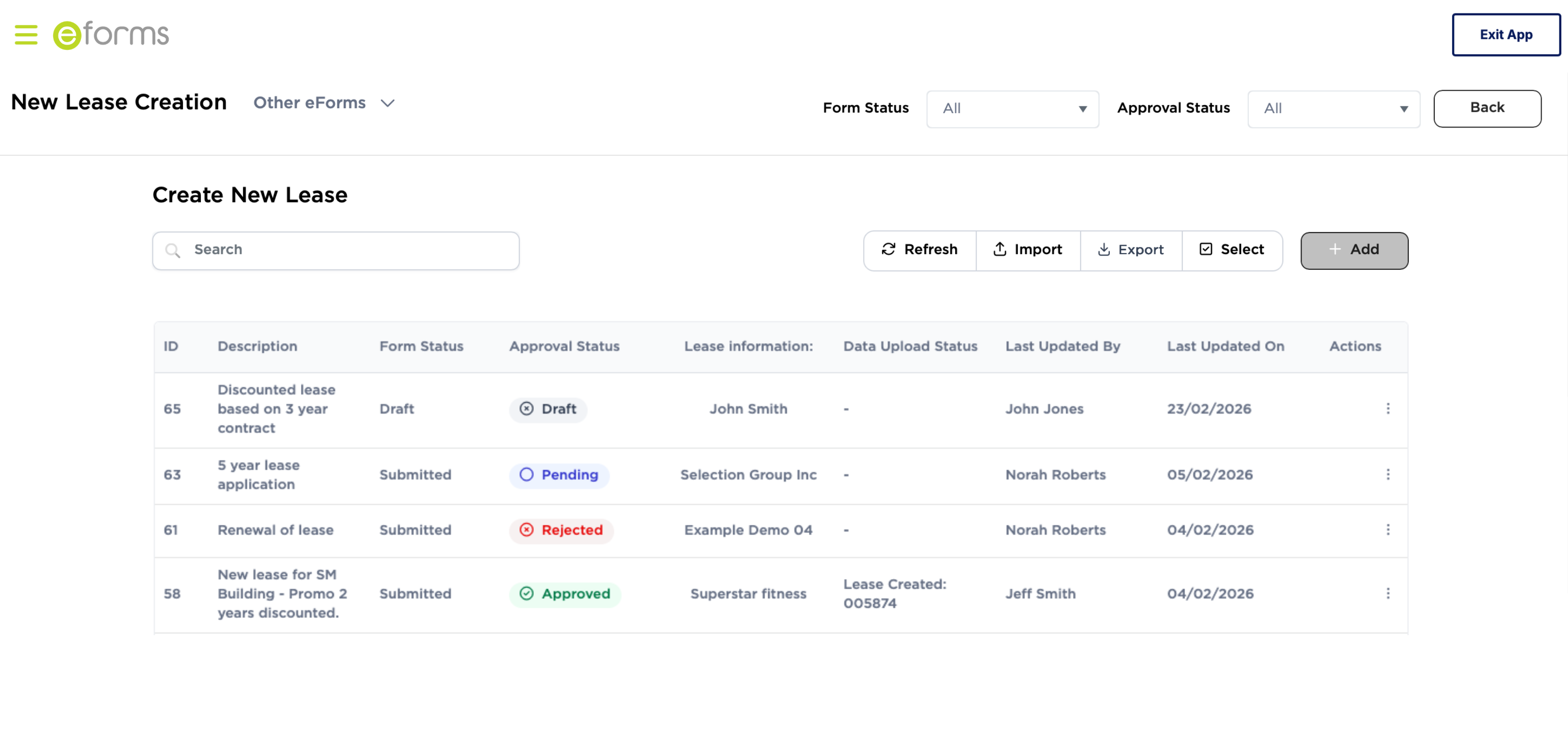eForms new lease creation screen showing form statuses, approval workflows, and data upload tracking