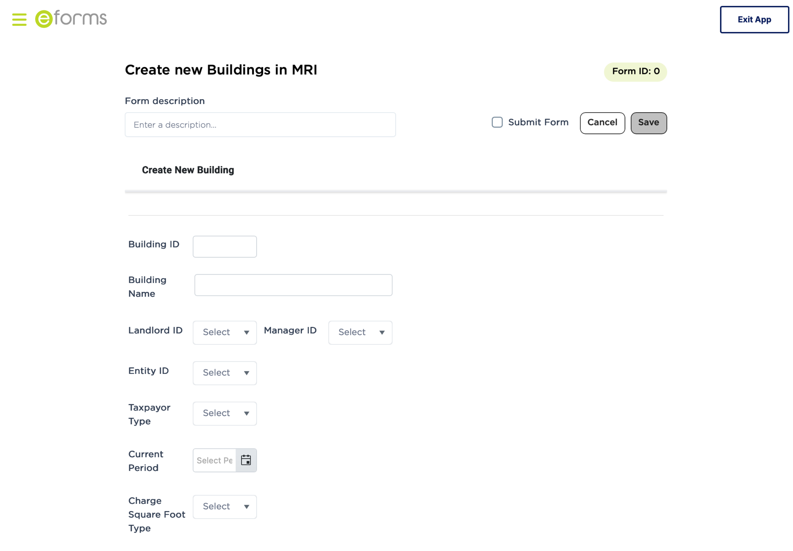 eForms structured form for creating new buildings in MRI with guided fields and dropdowns
